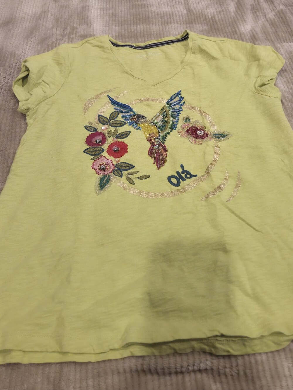 Soft Surroundings Bright Lime Green Hummingbird & Floral Short Sleeve Tee